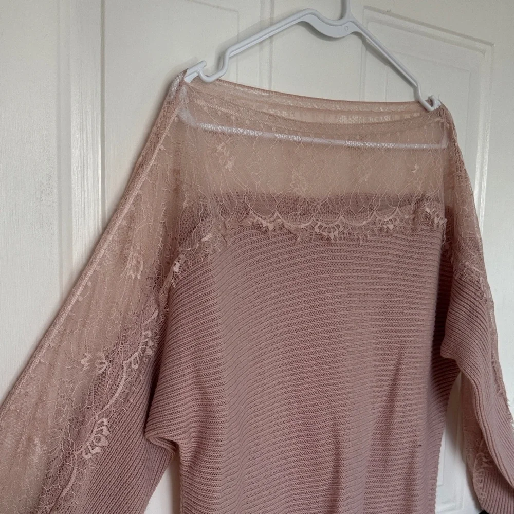 Elegant Lace Trim Pink Sweater